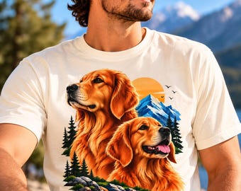 Golden Retrievers Illustration T-Shirt | Mountain Lake Sunset
