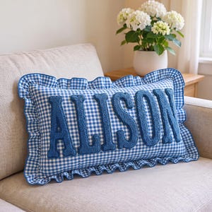 Personalized Ruffled Punch Needle Throw Pillow,Custom Monogram Pillow,Ruffled Cushion,Embroidered Name Baby Gift for Nursery