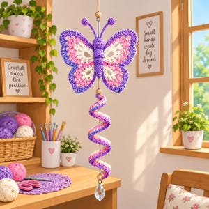 May include: A hanging crochet butterfly ornament featuring purple, pink, and white yarn. The butterfly is attached to a spiraling, multi-colored crochet tail that ends with a clear, faceted crystal drop. The design includes wooden beads.