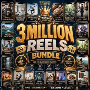 Op de afbeelding: Een digitaal marketingpakket getiteld 3 Million Reels Bundle 2026 Edition met een gouden kroonpictogram en talloze kleine rechthoekige kaders die verschillende video-inhoudsniches weergeven, zoals koffiezetten, skateboarden en kooktutorials.