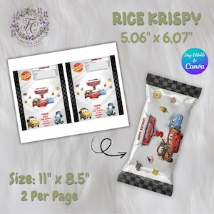 May include: A clear cellophane bag of Rice Krispy treats with a black and white checkered top. The bag features a Cars theme with the text "Happy Birthday Victor" and images of the Cars characters. The image also shows a printed sheet with the same design, measuring 11" x 8.5".