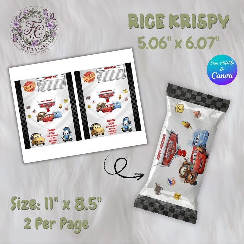 May include: A clear cellophane bag of Rice Krispy treats with a black and white checkered top. The bag features a Cars theme with the text "Happy Birthday Victor" and images of the Cars characters. The image also shows a printed sheet with the same design, measuring 11" x 8.5".
