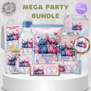 May include: A mega party bundle featuring Stitch and Angel characters. The set includes a variety of items such as a gift bag, water bottle, candy, and a lollipop. The items are decorated with a pink and blue color scheme and the text "Olivia Turns 6".