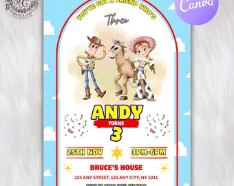 Toy Story Woody Jessie Birthday Invitation, Cowboy Cowgirl Party Invite Card, Editable Kids Party Invitation, Printable Digital Download TS1
