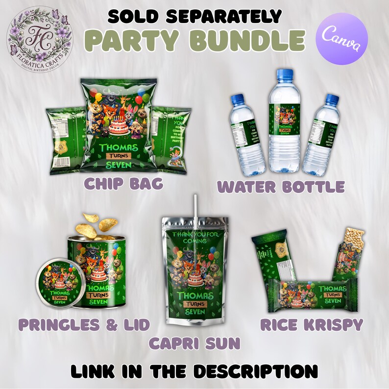 Zootopia 2 Editable Water Bottle Label, Kids Birthday Party Favor, Zoo Animal Drink Wrapper, Fox and Bunny Water Label, Digital Download ZP1 画像 4