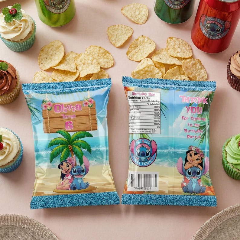 May include: Two custom chip bags with a tropical beach theme, featuring the characters Lilo and Stitch. The bags have a blue and white border, with the text "Olivia Turns 6" on one bag and "Thank You" on the other. Chips, cupcakes, and soda cans are also visible.