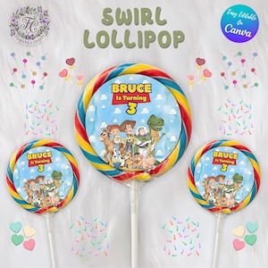 May include: Three colorful swirl lollipops with a cartoon design featuring characters from a popular animated movie. Each lollipop has a central image with the text "BRUCE Is Turning 3". The lollipops are on white sticks.