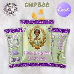 May include: Three chip bags with a princess theme. The bags are light green with purple glitter accents. The center bag features a princess illustration and text that reads "Princess Sophia's 3rd Birthday".
