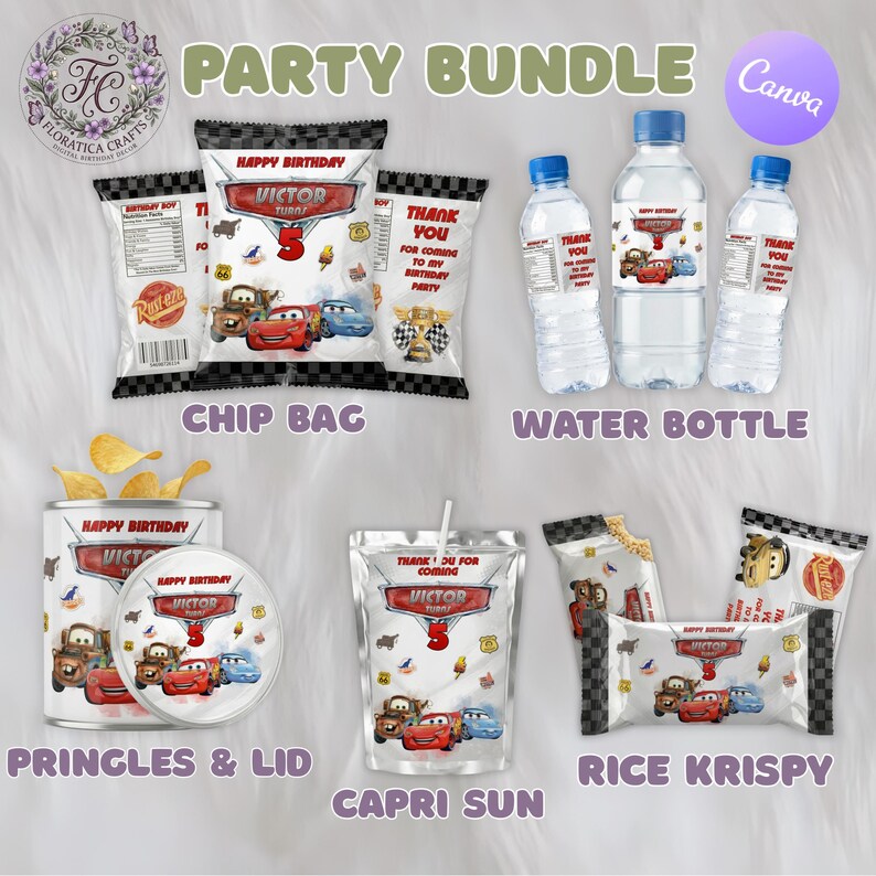 May include: A party bundle featuring chip bags, water bottles, Pringles, Capri Sun, and Rice Krispy treats. Each item is decorated with a "Happy Birthday" theme, including images of cartoon cars and the name "Victor".
