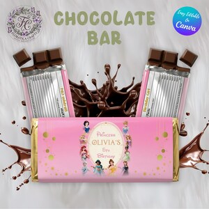 May include: A pink chocolate bar wrapper featuring a central oval frame with the text Princess Olivia's 5th Birthday surrounded by various princess illustrations, gold star accents, and two chocolate bars with nutrition labels in the background.