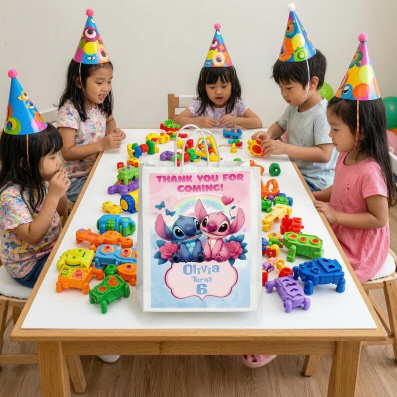 K&ouml;nnte beinhalten: Eine wei&szlig;e Geschenkt&uuml;te mit einem rosa und blauen Design mit den Figuren Stitch und Angel, mit dem Text "Thank You For Coming!" und "Olivia Turns 6". Kinder mit Partyh&uuml;ten sitzen um einen Tisch mit bunten Spielzeugen.