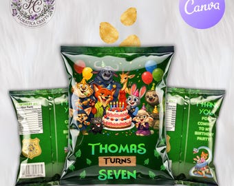 Zootopia 2 Editable Chip Bag Label, Kids Birthday Party Favor, Zoo Animal Snack Wrapper, Fox and Bunny Treat Bag, Digital Download ZP1