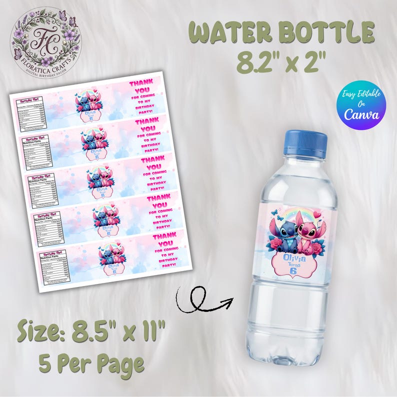 May include: A clear water bottle with a blue cap and a custom label featuring cartoon characters. The label reads "Olivia 6" and "Thank You for Coming to My Birthday Party!" Bottle dimensions are 8.2" x 2".