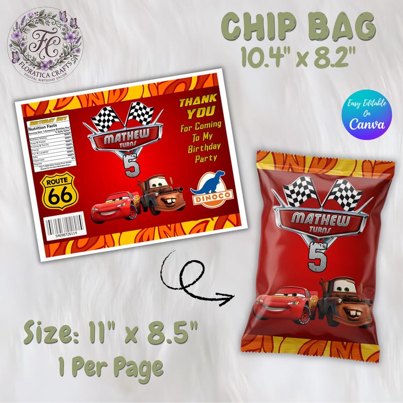 May include: A digital chip bag template measuring 10.4 inches by 8.2 inches, featuring red and orange flame patterns, checkered flags, and cartoon race cars. The text includes 'Mathew Turns 5', 'Thank You', 'Route 66', and a nutrition facts label.