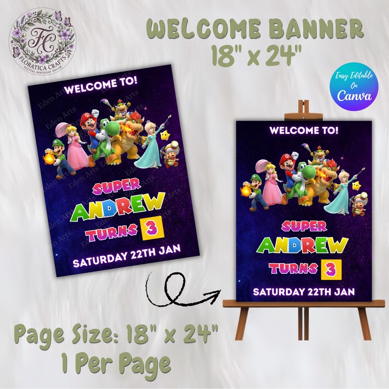 Super Mario Bros Birthday Banner, Super Mario Galaxy Editable Party Welcome Sign Kids Printable Birthday Banner Poster, Digital Download SM1 bild 3
