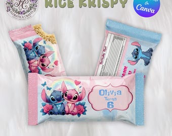 Opakowanie na chrupki ryżowe Stitch Angel, edytowalna etykieta na urodzinowy przysmak (do pobrania w wersji cyfrowej)