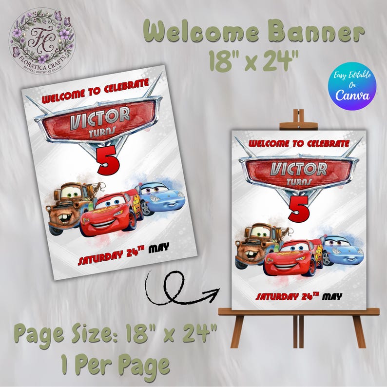 Pu&ograve; includere: Banner di benvenuto con la scritta "Welcome to Celebrate" e "Victor Turns 5". Il banner presenta illustrazioni dei personaggi del film Cars e misura 45,7 cm x 61 cm. &Egrave; visibile anche la scritta "Easy Editable On Canva".