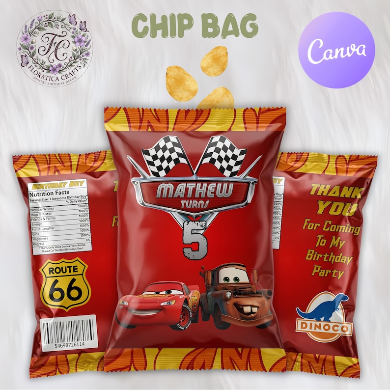 May include: Three red chip bags featuring a race car theme with the text Mathew Turns 5, Route 66, and Thank You For Coming To My Birthday Party. The bags display cartoon car characters, checkered flags, and a nutrition facts label with birthday-themed items.