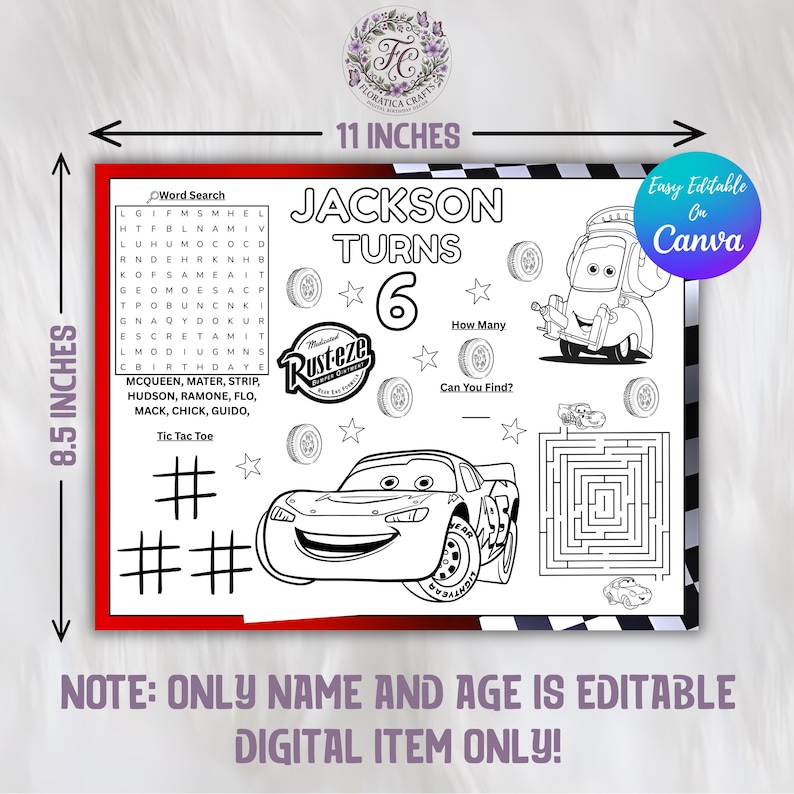 Cars Birthday Activity Placemat: Lightning Mcqueen Coloring Page ...