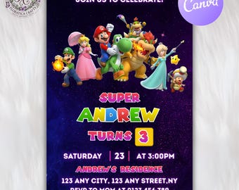 Super Mario Bros Editable Birthday Invitation, Super Mario Galaxy Party Invite Card, Kids Birthday Party Invitation, Digital Download SM1