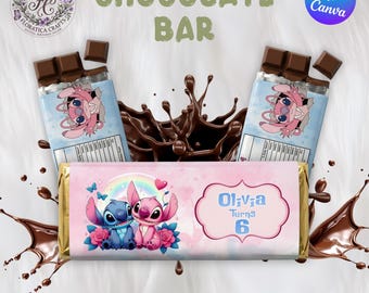 Stitch Angel Chocolate Bar Wrapper, Editable Lilo Party Favor Label (Digital Download)