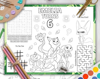 ズートピア バースデーアクティビティ ランチョンマット（デジタルダウンロード） – 編集可能な塗り絵ページ