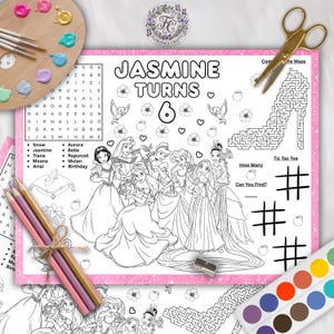 May include: A coloring activity sheet with the text "Jasmine Turns 6" and illustrations of Disney princesses. Includes a word search, maze, and tic-tac-toe. Also includes a watercolor palette, paintbrushes, and colored pencils.