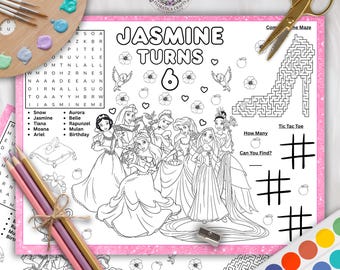 May include: A coloring activity sheet with the text "Jasmine Turns 6" and illustrations of Disney princesses. Includes a word search, maze, and tic-tac-toe. Also includes a watercolor palette, paintbrushes, and colored pencils.