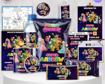 Pakiet imprezowy Super Mario Bros Ultimate Party, baner z zaproszeniem, torebka z chipsami, torebka z czekoladowymi smakołykami Caprisun, cyfrowe pobieranie urodzinowe Mario Galaxy SM1