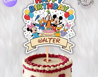 Adorno para tarta de cumpleaños de Mickey Mouse, decoración editable para fiestas de Mickey y sus amigos (descarga digital)