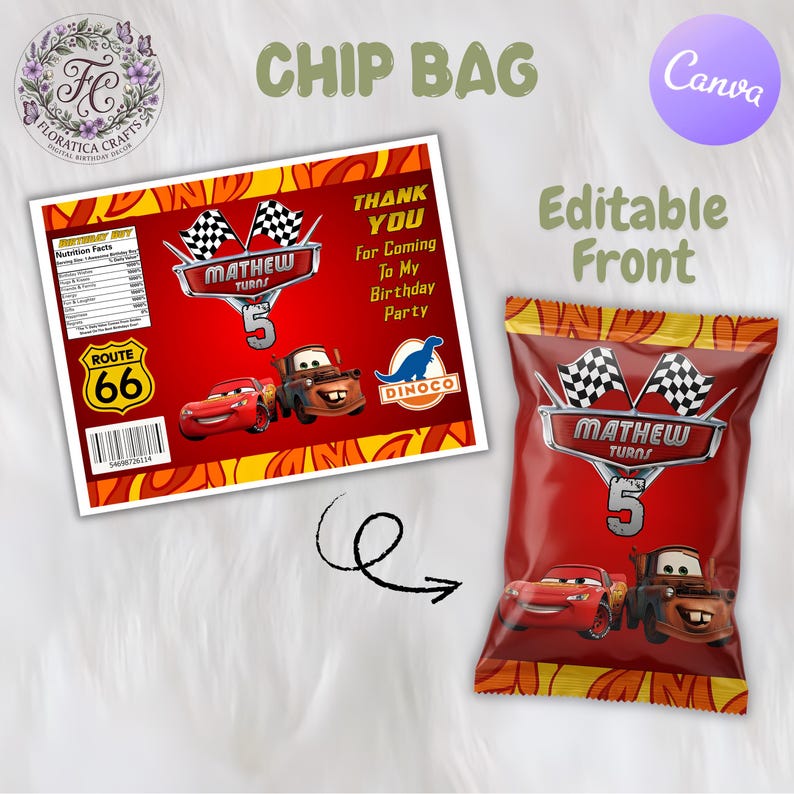 May include: A digital chip bag template featuring a red background with yellow flame patterns, displaying the text Mathew Turns 5, two race cars, a Route 66 sign, a Dinoco logo, and a nutrition facts label, alongside a finished red chip bag.