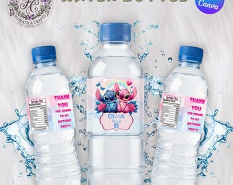 Etiquetas para botellas de agua con diseño de ángel de Stitch, envoltorios editables para fiestas de cumpleaños (descarga digital)