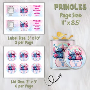 May include: A set of printable party supplies featuring the characters Stitch and Angel. Includes labels, stickers, and a Pringles can design. The designs are in pink and blue, with the text "Olivia Turns 6".