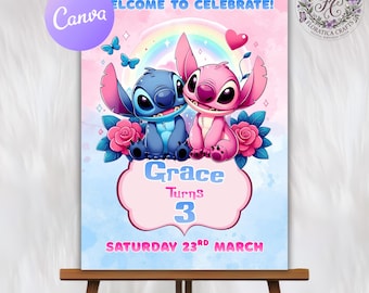Striscione di compleanno con angelo di Stitch, cartello di benvenuto modificabile, decorazioni per feste per bambini (download digitale)