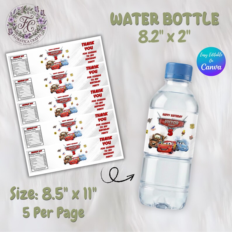 May include: A clear water bottle with a blue cap, labeled with a "Happy Birthday" design featuring cartoon cars. The image also shows a sheet of matching labels, each with a "Thank You" message and car graphics. Bottle dimensions are 8.2" x 2".