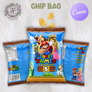 May include: Blue chip bag featuring Super Mario characters with the text "Super James is reaching level 5". The bag includes the text "Thank you for coming to my birthday party!" and "Super Mario".