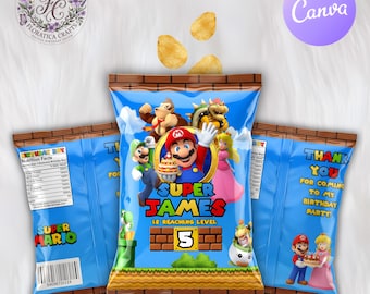 Super Mario Bros Birthday Chip Bag Label, Mario Luigi Party Favor (Digital Download)