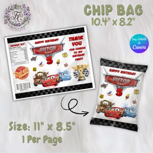 May include: A chip bag design featuring the text "Happy Birthday Victor" and "Thank You for coming to my birthday party." The design includes illustrations of Cars characters and a trophy. The bag measures 10.4" x 8.2".