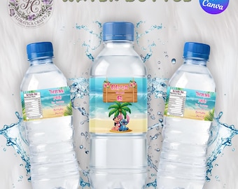 Etiquetas para botellas de agua de Lilo y Stitch / Recuerdos editables para fiestas de cumpleaños de Ohana (Descarga digital)