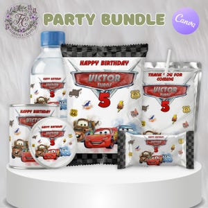 May include: A party bundle featuring a Cars theme, including water bottle labels, chip bags, juice pouches, and candy wrappers. The design includes the text "Happy Birthday Victor Turns 5" with images of the Cars characters.