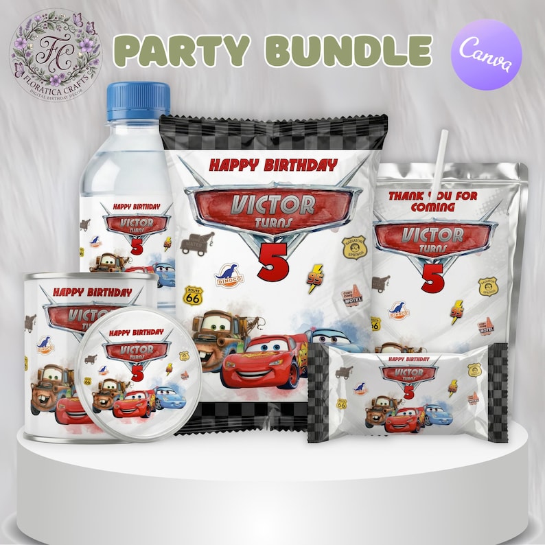 May include: A party bundle featuring a Cars theme, including water bottle labels, chip bags, juice pouches, and candy wrappers. The design includes the text "Happy Birthday Victor Turns 5" with images of the Cars characters.