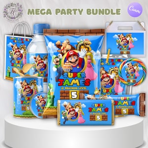 May include: A party bundle featuring various items with a Super Mario theme. Includes a gift bag, water bottle, chip bag, candy bar, lollipop, and more. The items are blue and feature the text "Super James is reaching level 5."