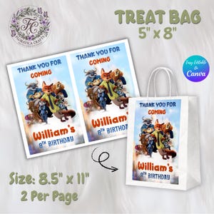 Zootopia Treat Bag Label, Judy Hopps Nick Wilde Birthday Party Favor Bag, Goodie Bag Topper Printable, Digital Download Party Supplies ZP1 image 3