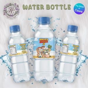 Puede incluir: Tres botellas de agua de plástico transparente con tapas azules. La botella central tiene una etiqueta con el texto "BRUCE Is Turning 3" y personajes de Toy Story. Dos botellas tienen etiquetas que dicen "THANK YOU FOR COMING TO MY BIRTHDAY PARTY".