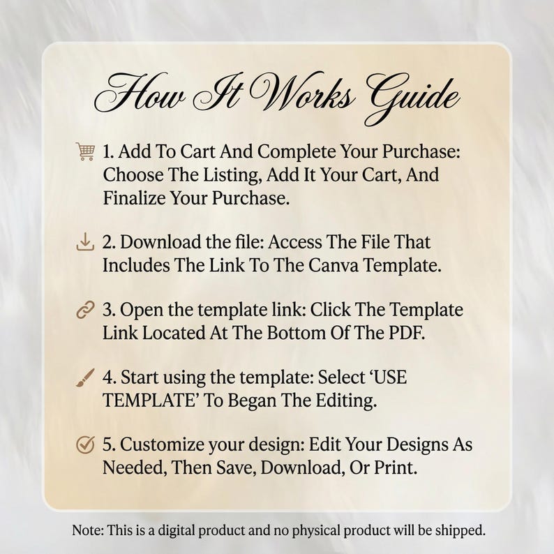 May include: A beige guide titled "How It Works Guide" with instructions for a digital product. Steps include adding to cart, downloading a file, opening a template link, using the template, and customizing the design. The note states it's a digital product.
