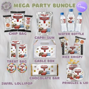 May include: A party bundle featuring various items with a Cars theme. Includes chip bags, Capri Sun pouches, water bottles, treat bags, a gable box, rice krispy treats, swirl lollipops, a chocolate bar, and Pringles with a lid. The items are decorated with Cars characters and the name "Victor".