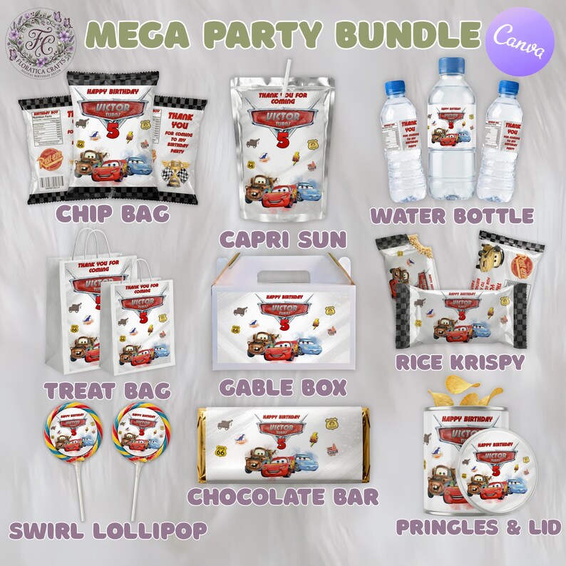 May include: A party bundle featuring various items with a Cars theme. Includes chip bags, Capri Sun pouches, water bottles, treat bags, a gable box, rice krispy treats, swirl lollipops, a chocolate bar, and Pringles with a lid. The items are decorated with Cars characters and the name "Victor".