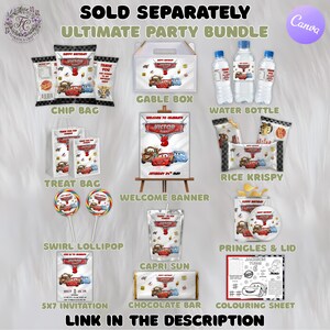 Pu&ograve; includere: Un assortimento di articoli per feste a tema Cars. Include sacchetti di patatine, una scatola Gable, bottiglie d'acqua, sacchetti di dolcetti, uno striscione di benvenuto, Rice Krispies, lecca lecca, Capri Sun, un invito 5x7, una barretta di cioccolato e un foglio da colorare.