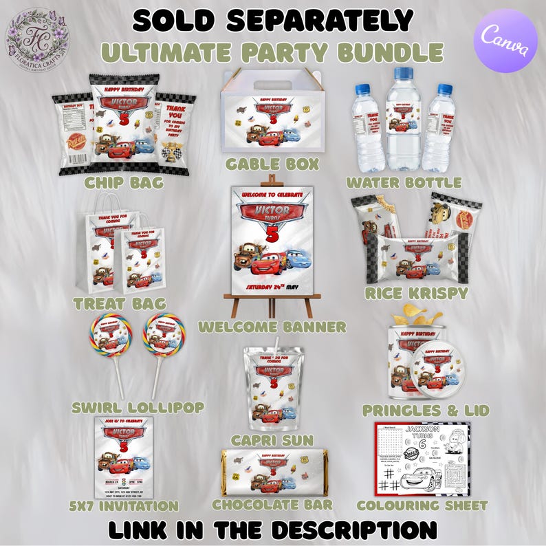 Pu&ograve; includere: Un assortimento di articoli per feste a tema Cars. Include sacchetti di patatine, una scatola Gable, bottiglie d'acqua, sacchetti di dolcetti, uno striscione di benvenuto, Rice Krispies, lecca lecca, Capri Sun, un invito 5x7, una barretta di cioccolato e un foglio da colorare.