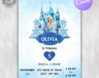 Frozen Birthday Invitation, Elsa Anna Olaf Party Invite Card, Printable Digital Download, Editable Winter Wonderland Birthday Invitation DF1